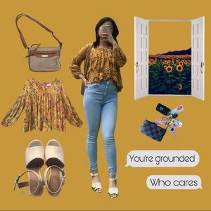 Altar’d state Dark Yellow Floral V Neck blouses